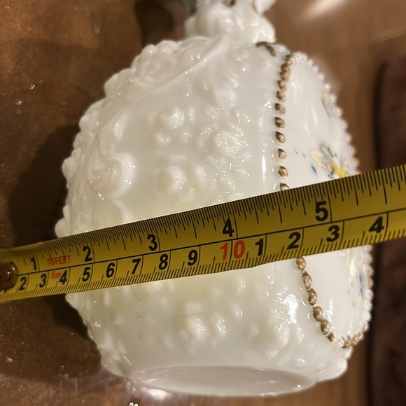 Antique 1890 to 1905 era Victorian milk glass, embossed painted decanter - Picture 10 of 13